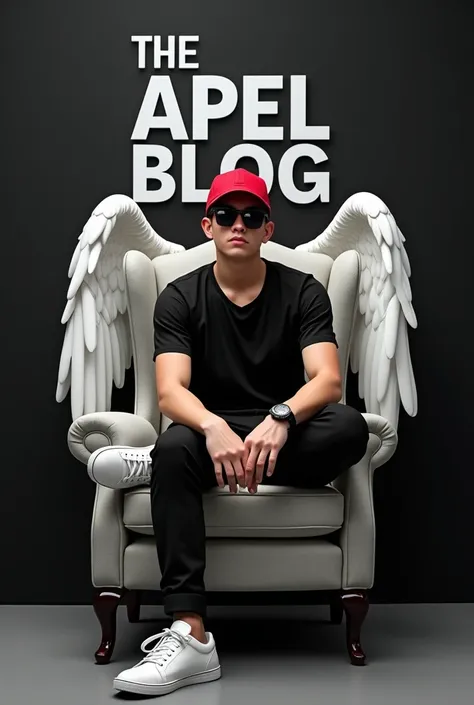 Crate a 3D illusion fot a istagram profail picture  where a 22 years old boy in a black shirt sits casually on a wingbank cahir wearing sneakers,a red cricket cap,and sunhlasses,he lookss ahead.the background features"The Apel Blog" in big and capital whit...