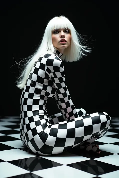 A surreal portrait of a woman with flowing platinum white hair and straight bangs, seated elegantly on a black and white checkered floor. Her entire body is artistically painted in a matching chessboard pattern, creating a seamless optical illusion where h...