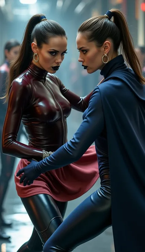 angelina jolie, en action de se battre avec une autre femme habillé en latex, latex, brillant, futuriste, chemise t-shirt latex marron rouge foncé, col roulé latex marron rouge foncé, t-shirt zippé latex marron rouge foncé, cape latex bleu marine, anneaux ...