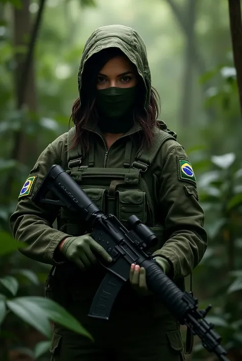 create a brunette female soldier with hood and mask in green camouflage uniform holding rifle in the jungle brasilian flag on arm