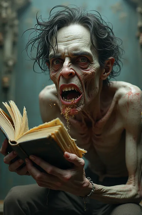 Make a very very ugly skinny nerd who eat a book