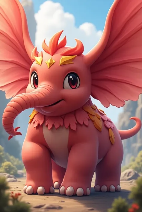 Pokemon, 3d anime, female big adult elephant, red and pink skin, fire and fairy type, big ear, ear like wing, long nose, beauty elephant