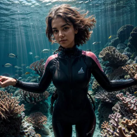 A photorealistic picture of a 27-year-old woman scuba diving in the Great Barrier Reef. She has lightly tanned skin and an athletic, toned physique suited for adventure, with dark brown hair tucked  Wearing a ((black)), sleek, fitted wetsuit, she moves gra...