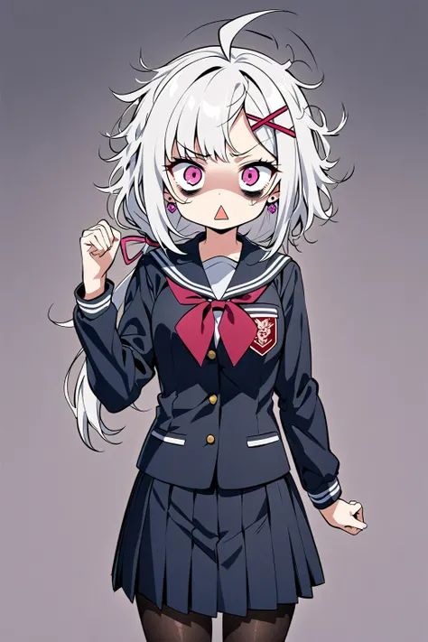 High image quality
 Female College 1,  Pink Eyes、White Hair、 shortcut,   low ponytail 、   earrings for one woman,  Ahoge,   asymmetrical bangs ,  x-shaped hair ornament,   dark circles under eyes、 Black Pantyhose 、vigil、Background white、front、Messy Hair、tr...