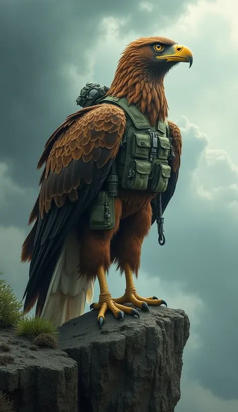  "Create a highly detailed, powerful hybrid of an eagle and an Indian Army soldier. The upper body resembles a human soldier dressed in traditional Indian Army camouflage uniform, complete with military gear, helmet, and a pair of large, powerful eagle win...