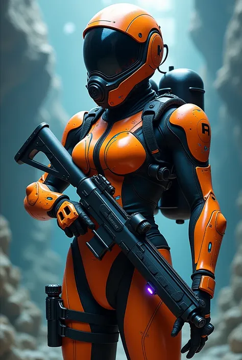 Navy character in a futuristic military RPG game, hold a futuristic under water gun, wearing a sleek, form-fitting orange and black tactical suit, inspired by deep-sea diving and naval themes, armored patches on shoulders and chest, high-tech navy helmet w...