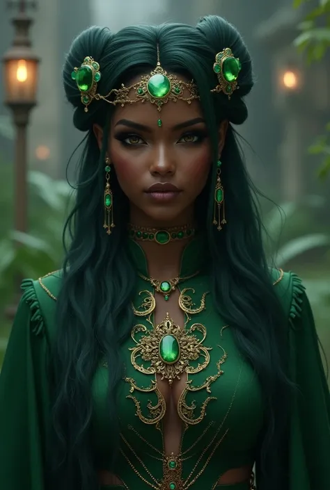 A waist-up portrait of a DnD dark-skinned black female human lunar sorcerer dressed like Lisa from Genshin Impact, hazel eyes, brown eyes, Lisa Genshin Impact,  Kat Graham look alike, DND  Kat Graham, very dark emerald green hair, colors, no weapons, more ...