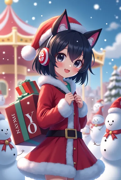  black haired girl with cat ear shortcuts 。Eye color is black。 Santa cosplay 。Somi letters on her shoulder 。 costume hat with somi letters 。 carrying gifts with MYO letters 。 The background is a merry-go-round and its snowing。There are a lot of snowmen wit...