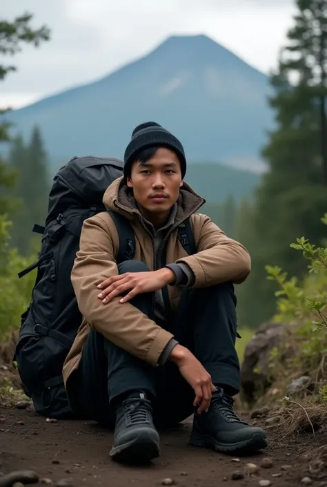 Real human photo Raka is a young Indonesian man, handsome, with a sharp nose, thin lips, short straight black hair, wearing brown winter jacket, black beannie, black cargo pant, black mountain shoes, henia sitting on the ground, at the forest in Semeru mou...