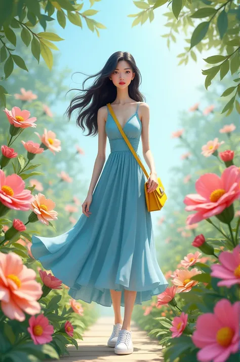 Beautiful Korean Woman Wearing Blue Dress Long Hair Wearing Sneakers Yellow Bag Standing Full Body In Paper Flower Garden. 