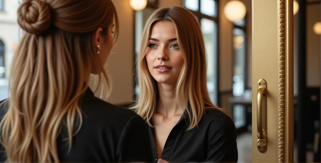 a woman, hesitant yet determined, stands before the gleaming glass door of "art & style", an upscale hair salon. her long chestn...