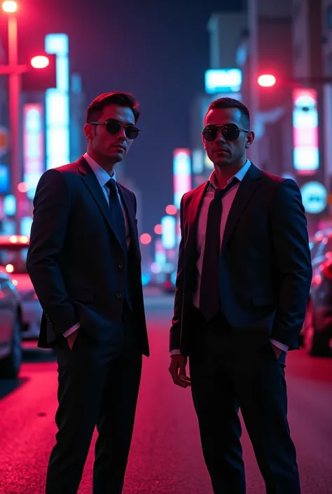 a neon street at night, 2 men in black suits wearing sporty sunglasses blocking traffic, mafia, yakuza, backlighting, cinematic lighting, dramatic shadows, gritty urban environment, high contrast, vibrant neon colors, realistic 3d rendering, photorealistic...