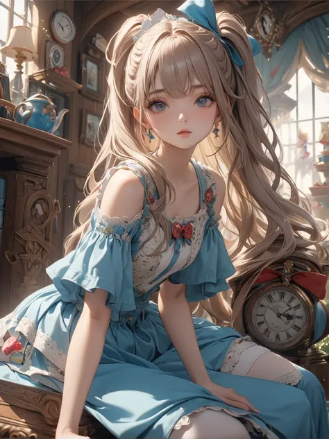 頭から膝まで映すショット、1 girl, masterpiece, highest quality, 8K, fine skin texture, fine cloth texture, beautiful detailed face, intricate details, Super detailed, alice in wonderland,, 