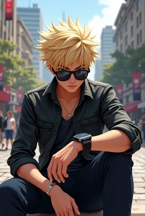 A young man wearing dark glasses with blond hair sitting in the square looking at the smartwatch on his wrist 