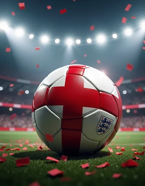 "A football designed with Englands flag. The surface showcases a bold red cross on a white background. The football glows under stadium lights in a dynamic football setting with a celebratory crowd and confetti falling around."