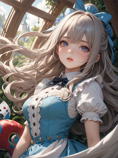 頭から膝まで映すショット、1 girl, masterpiece, highest quality, 8K, fine skin texture, fine cloth texture, beautiful detailed face, intricate details, Super detailed, alice in wonderland,, 