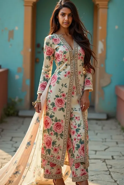 woman outside home wearing Women Latest Cotton Printed & Embroidery 3 pc floral Printed Cream Dye Salwar Kameez Readymade, Straight Kurta, Afgani Pant Dupatta Indian Dress light pink blue colour, curvy model, beautiful model girl, perfect body, sexy girl, ...