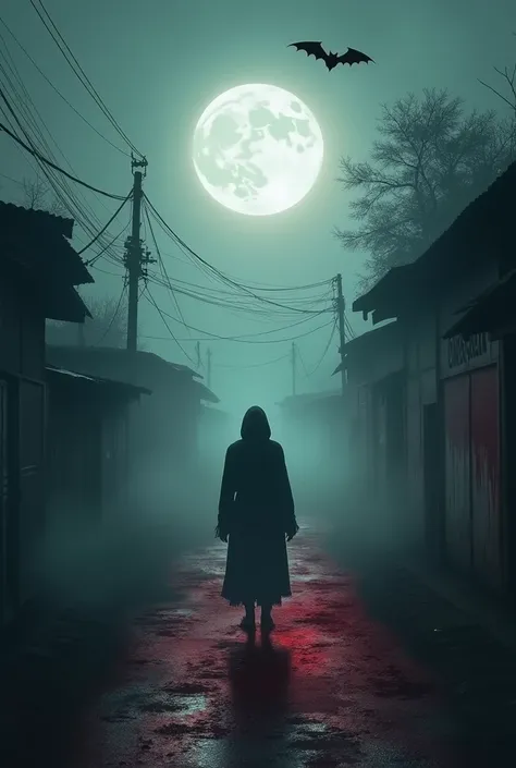 Make the horror film poster my film name is blood

In a secluded Indian village shrouded in dense fog and eerie silence, a lone figure wanders the deserted streets under a blood-red moon. The village, once bustling, now harbors a dark secret. An ancient cu...