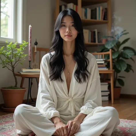 “Low angle shot of a beautiful so  sexy young woman, Asian face, straight black hair, casually dressed in loose white bohemian clothing, with a calm and thoughtful personality. Sitting in a balanced and inspiring environment, she is in a cozy space filled ...