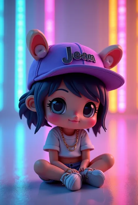 A captivating 3D render of a chibi-style social media influencer named "Jean" She sports a trendy purple cap with her name in metallic black letters, and sits beside the vibrant logo. Her outfit, including a trendy t-shirt, shorts, and accessories, pops ag...