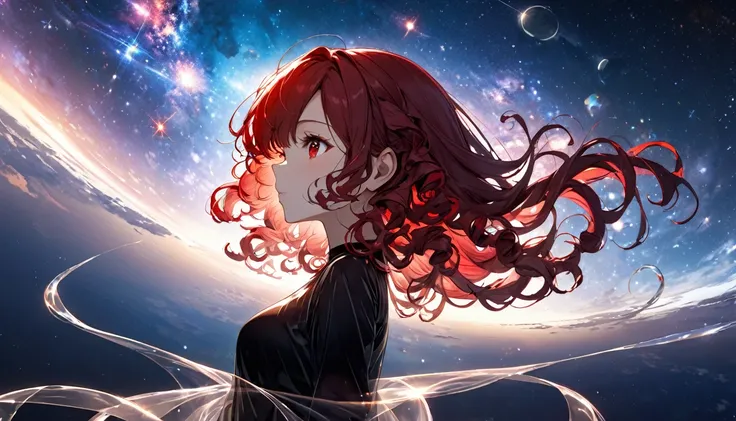 (panoramic), (beautiful and delicate), (immensely beautiful illustration),  ((double exposure Galaxy)), (silhouette:1.3) (solo, profile, pov), ((beautiful curly beauty long hair), (best cute girl), (best cute red eyes), (best cute style medium tits), break...