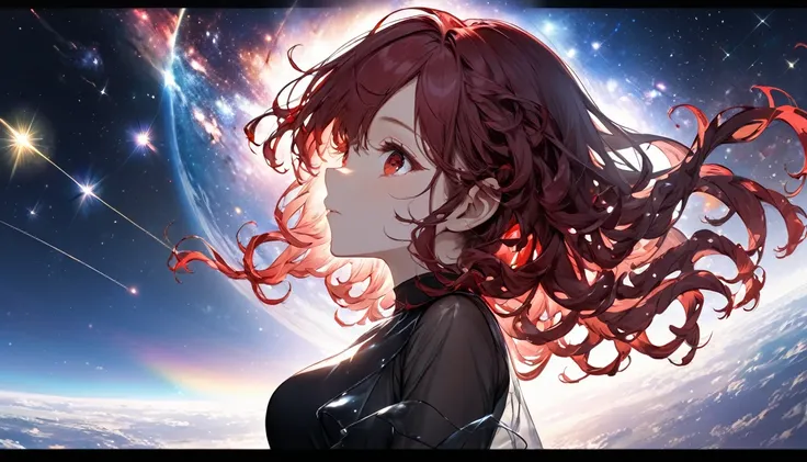 (panoramic), (beautiful and delicate), (immensely beautiful illustration),  ((double exposure Galaxy)), (silhouette:1.3) (solo, profile, pov), ((beautiful curly beauty long hair), (best cute girl), (best cute red eyes), (best cute style medium tits), break...