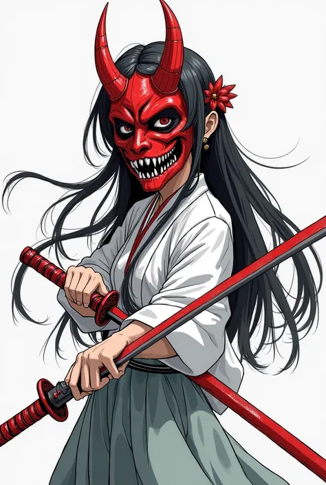 Create a outline sketch of a Japanese girl with scary red oni mask with swords across and hair accessories 