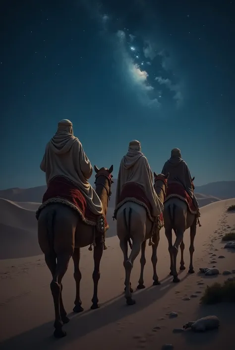 realistic picture, back view, three kings riding camels decorated with carpets, full of luxury. walking one by one through the dark desert valley, following the morning star, towards the sheep pen, the sky is filled with starlight. dramatic lighting, high ...