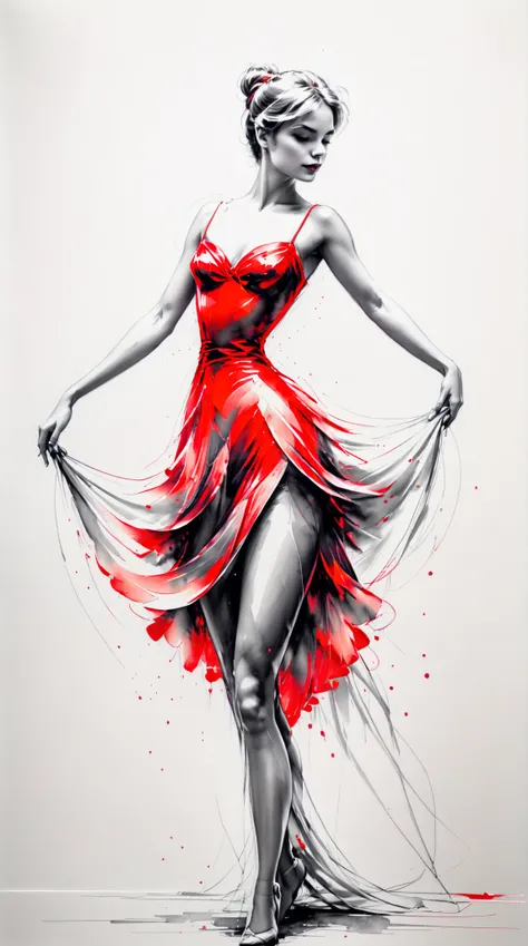 Create a refined pencil sketch that captures the essence of an elegant woman in a graceful tango dress. The line art should emphasize her silhouette, subtly outlined with a gentle glow of red. Aim for a color palette of red and white set against a soft gre...