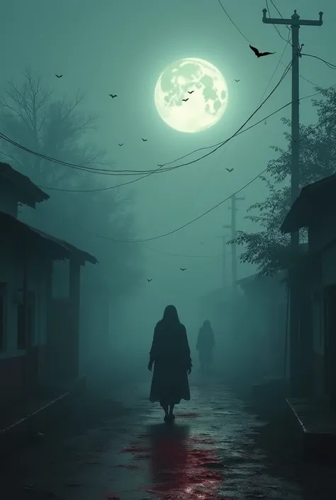 Make the horror film poster my film name is blood

In a secluded Indian village shrouded in dense fog and eerie silence, a lone figure wanders the deserted streets under a blood-red moon. The village, once bustling, now harbors a dark secret. An ancient cu...