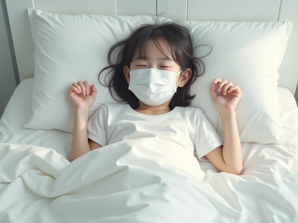 girl sick and cough wearing mask in white bedroom