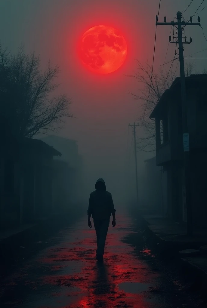 Make the horror film poster my film name is blood

In a secluded Indian village shrouded in dense fog and eerie silence, a lone figure wanders the deserted streets under a blood-red moon. The village, once bustling, now harbors a dark secret. An ancient cu...