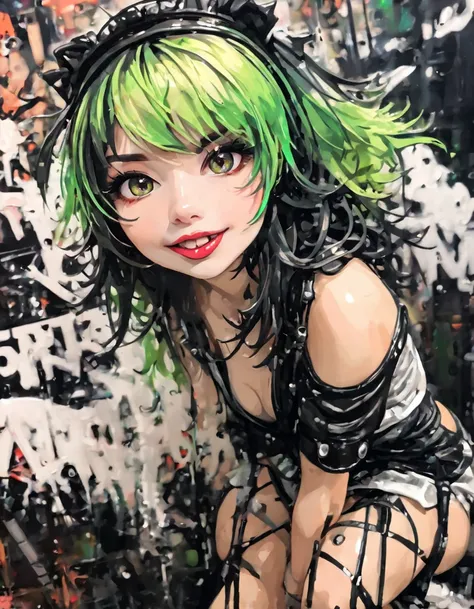 sexy girl with green hair, medium hair, white tight tank top, small breasts, black leather miniskirt, punk look, black stockings, sitting on a stool, sexy pose, smiles, heavy metal style dark pub stage,  black and white sketch style, art inspired by Bill S...