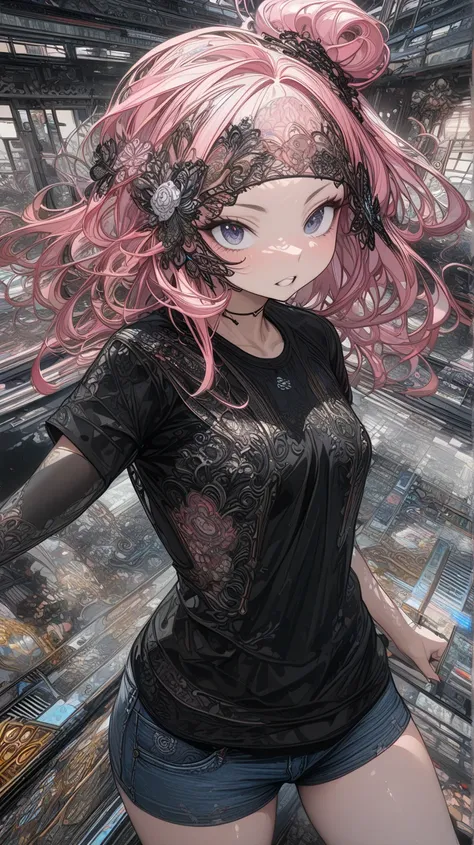 (masterpiece), (Best Quality), ( Hi-Res),   Details, (複雑な Details 1.2), (Hyper   Details 1.4), (Ornate Digital Art 1.2),  absurd,  1 girl,  small breasts, teeth,  hair accessory , Alone,  Pink Hair, ( black shirt:1.3), jeans, (station:1.2)  Running, Thighs...