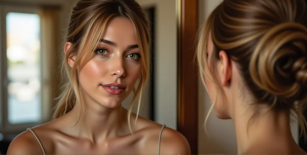 a flashback scene of a woman with long, chestnut brown hair streaked with blonde, standing in front of a mirror in a warmly lit ...