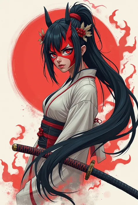 Create a sketch of Japanese girl with half red oni mask with red eyes and traditional japanese hairs with accessories and two swords across let the image be created till her chest level with dragons swirl from top to bottom 