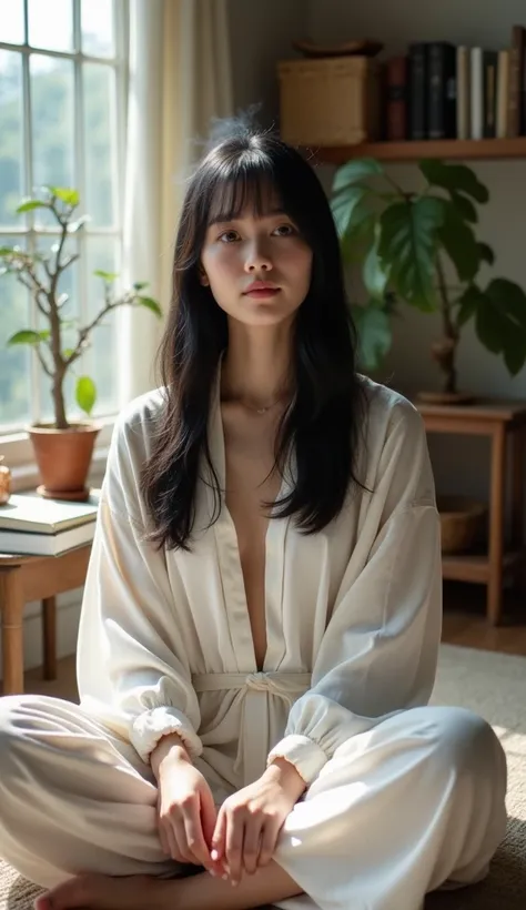 “Low angle shot of a beautiful so  sexy young woman, Asian face, straight black hair, casually dressed in loose white bohemian clothing, with a calm and thoughtful personality. Sitting in a balanced and inspiring environment, she is in a cozy space filled ...