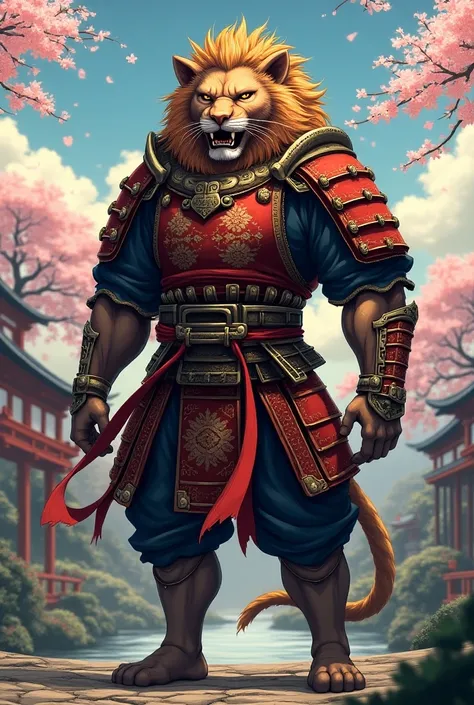 Create me a picture of a lion samurai in anime art style 