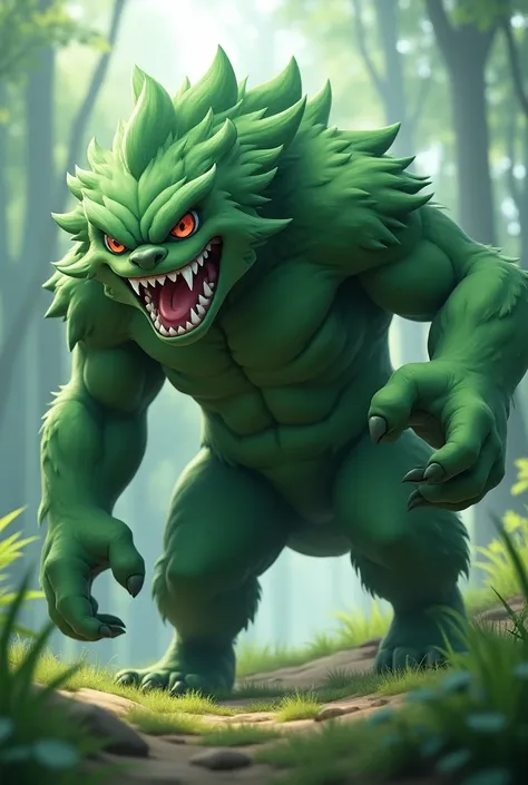 Pokemon, 3d anime, teen sabertooth, green fur, grass and fighting type, big fang, crawl pose