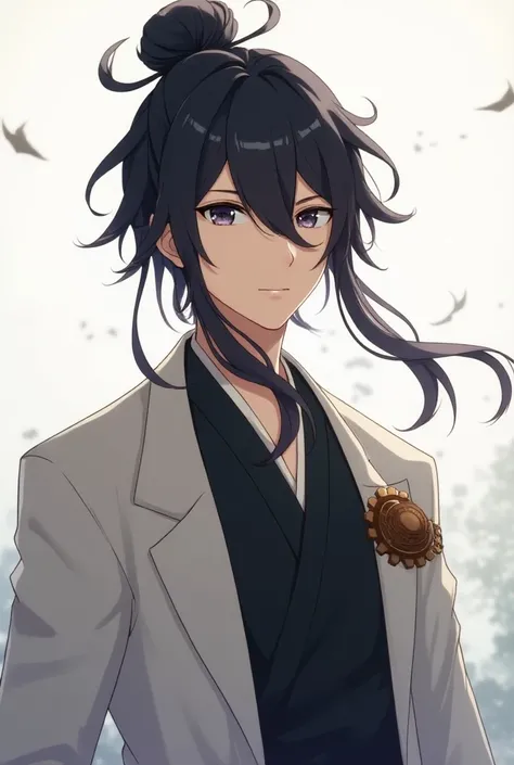  Anime photo handsome boy with long hair bun  ( fit )  wearing wooden brooch style modern mystic modern hair with 2 angled bangs 