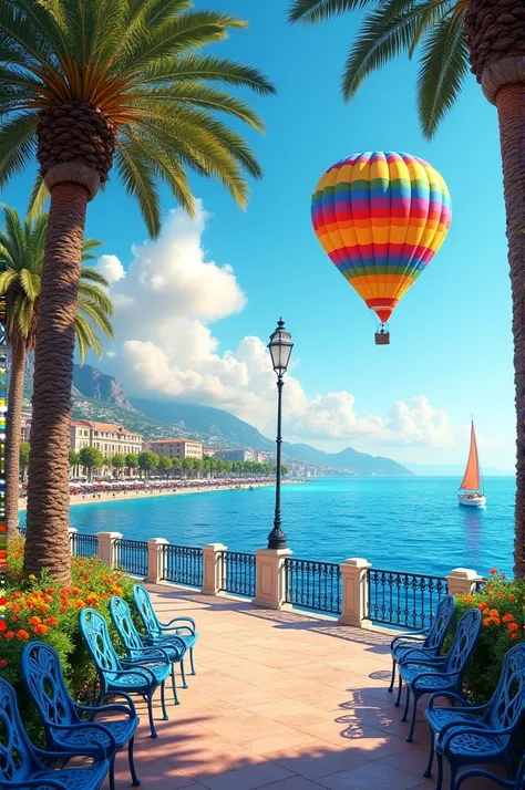 Photo magnifique de la promenade des Anglais à Nice remplie de belles fleurs et de magnifiques pins parasol, avec des magnifiques chaises bleues traditionnelles en fer forgé qui longent la promenade, avec la mer à côté et un magnifique voilier coloré avec ...