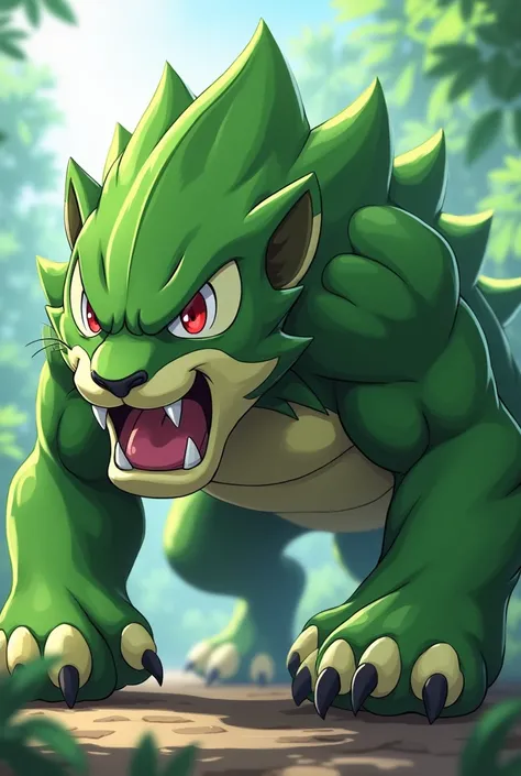 Pokemon, 3d anime, teen sabertooth, green leaf fur, leaf and fighting type, big fang, crawl pose