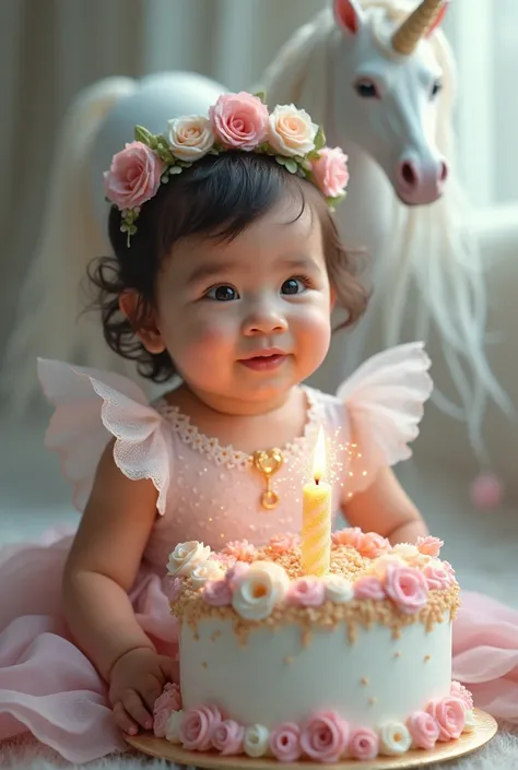 Beautiful  baby girl on her birthday，name  Jasmine  The birthday cake, Surreal portrait，Official artistic aesthetics background unicorn