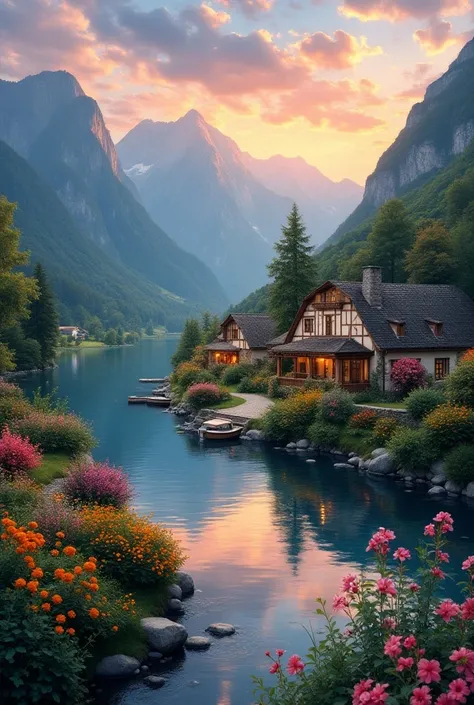  A small village by the river,  mountains in the background,  colorful flowers , detailed landscape,  beautiful natural scenery ,  atmospheric lighting ,  scorching sunset ,  warm colors , practical, photographic,  detailed foliage , complex buildings ,  c...