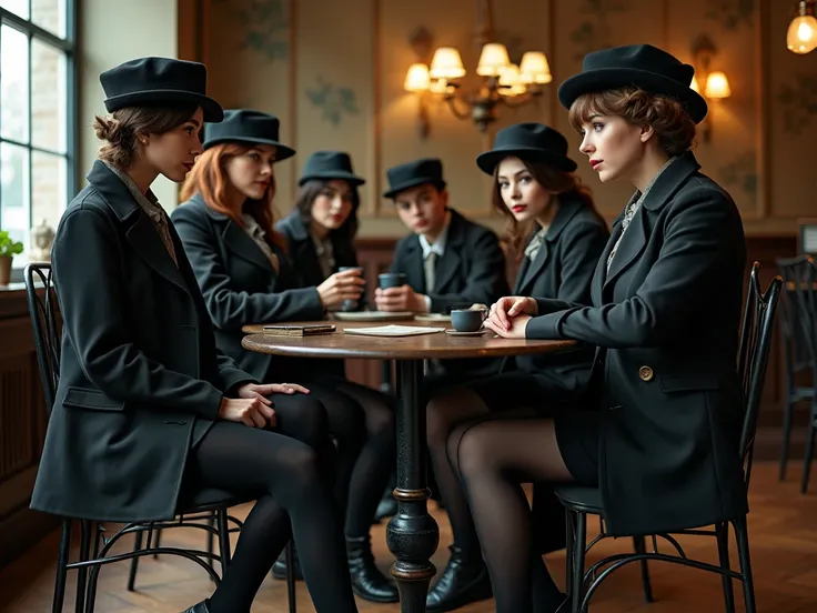 photoshoot 7 wanita bersama 2 pria,  dressed in typical Sherlock Holmes outfits, the women wear long black stocking. they are sitting in iron chairs  , different poses ,  in a cafe with a vintage-tinged interior, resolusi tinggi, vintage, masterpiece, 