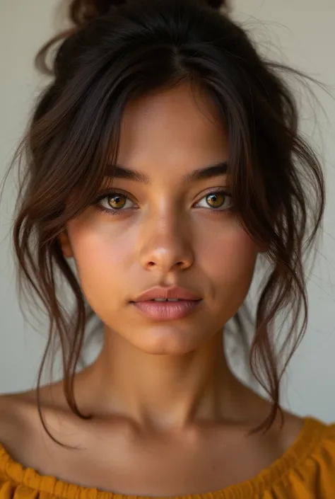 Create an image of a girl named Liana using this information:
light tan skin, Liana has striking features, including expressive hazel eyes that catch the light with hints of amber. Her hair is naturally wavy and dark brown, often styled effortlessly. She h...