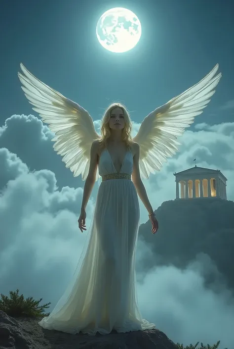 Perfect composition、Proper placement、Golden Ratio、masterpiece、Best Quality、Front View：1.331、
 Angel and Japanese Half 、Blonde hair、
 Angel Wings on the Back 、 Clothes Are Thin Cloth Like a Goddess 、
 Moonlight Night 、 Background Parthenon Floating in the D...