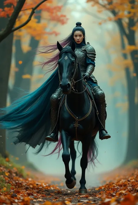 Wide shot of a very beautiful Korean female knight with bright brown eyes from the middle ages with long blue green and pink hair blowing in the wind, she is riding a huge royal black horse with thick fur across a magical maple forest full of mystery and m...