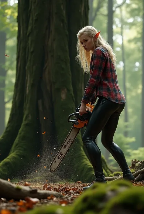 Elf Woman in Plaid Shirt and Latex Leggings Cutting Down a Tree Using a Chainsaw 