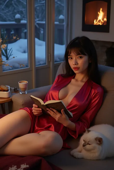 Young beautiful sexy European woman, GREAT, with long straight black hair with bangs, piercing gray eyes, thick red lips with lipgloss, Brightening, she wears a short red silk robe, undone, barefoot, she is lying on a couch reading a book. It is night, in ...